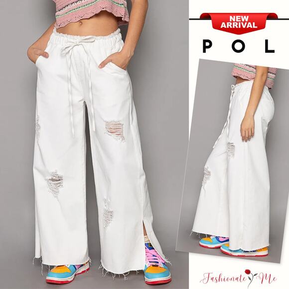 POL High Rise Distressed Adjustable Drawstring Side Slit Wide Leg Pants | White - Picture 1 of 4
